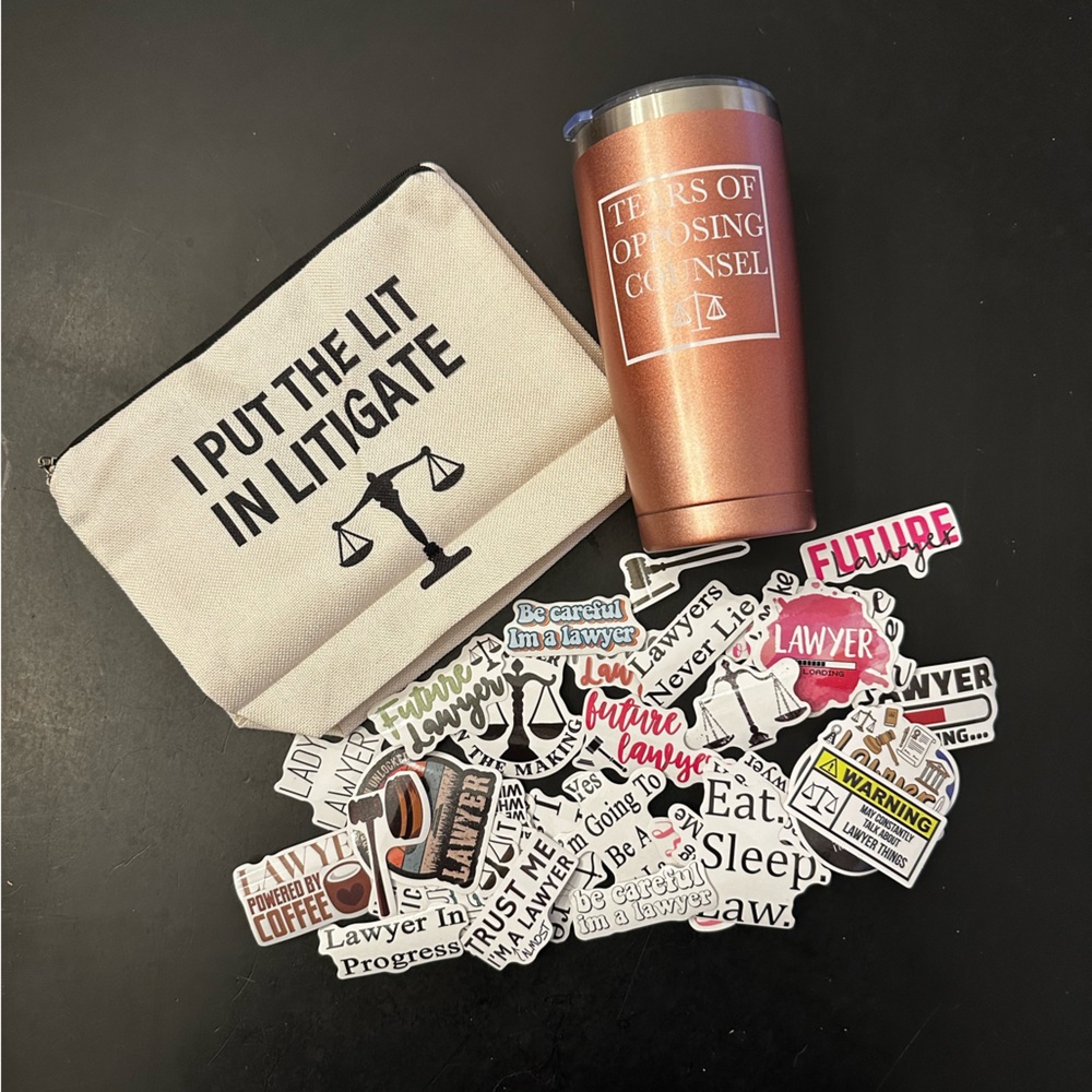 Rose Gold Lawyer Tumbler with Stickers and Pouch